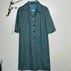 Vintage Blue Patterned Mad Men Structured Collared Dress Gold Buttons